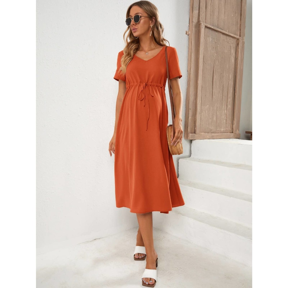 Maternity Drawstring Waist short sleeve midi Dress orange